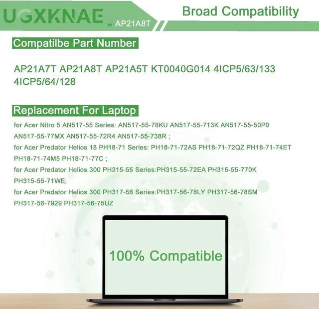 Alt view image 5 of 7 - AP21A8T AP21A7T Laptop Battery Replacement for Acer Nitro 5 AN517-55 Helios 300 PH317-56 PH315-54-55 PH315-55-75K6 PH315-55-78LF Series Notebook AP21A5T KT0040G014 15.4V 90Wh 5845mAh