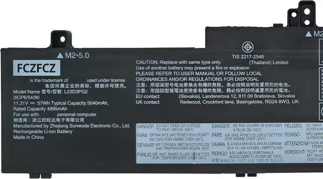 Alt view image 2 of 5 - L23D3PG2 Battery 57Wh 5040mAh Replacement for Lenovo ThinkPad E14 Gen 6 E16 Gen 2 Series SB11M75266 5B11M75267 SB11M75268 5B11M75269 L23X3PG2 L23B3PG2 3ICP6/54/90 11.31V 3-Cell