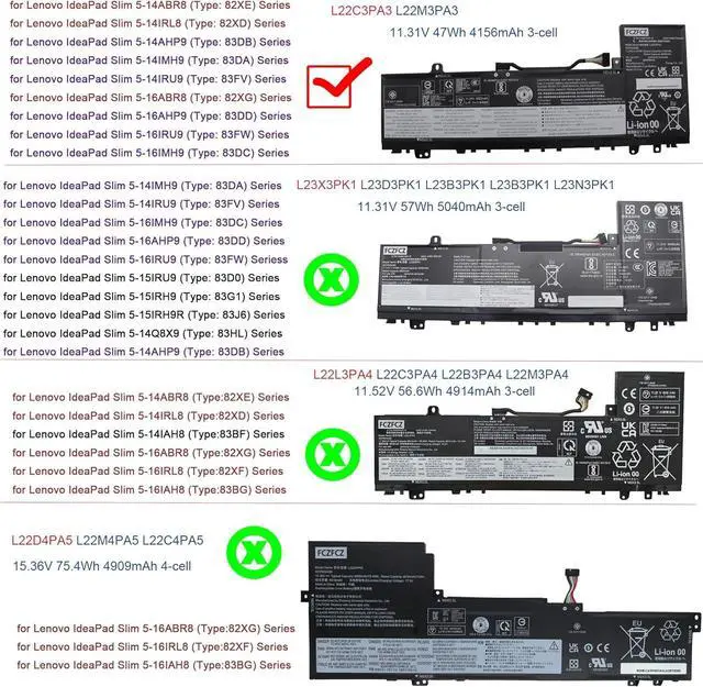 Alt view image 2 of 5 - L22C3PA3 Battery 47Wh Replacement for Lenovo IdeaPad Slim 5-14IRL8 5-14ABR8 5-14IMH9 5-14AHP9 5-14IRU9 5-16ABR8 5-16AHP9 5-16AHP9 5-16IRU9 5-16IMH9 Series L22M3PA3 5B11N45396 11.31V 3-Cell