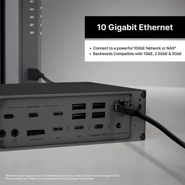 Alt view image 4 of 7 - CalDigit TS5 Plus - 20 Port Thunderbolt 5 Dock, 140W Charging, 3X 80Gb/s Thunderbolt 5, 10x 10Gb/s USB Ports, Dual USB Controllers, 10GbE, Up to Dual 8K 60Hz Displays, 1.0m Braided Cable, 330W PSU