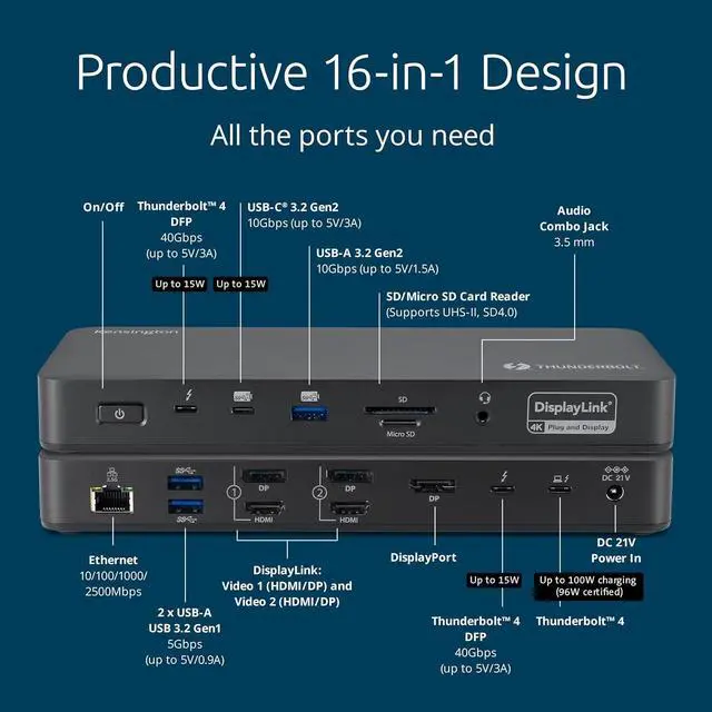 Alt view image 3 of 6 - Kensington SD5910T DisplayLink Docking Station Thunderbolt 4, Quad 4K for MacBook Pro/Air M1/M2/M3/M4 with Pro and Max Chipsets, 100W PD, HDMI/DP/TB4, SD/Micro SD Card Slots (K35233NA)