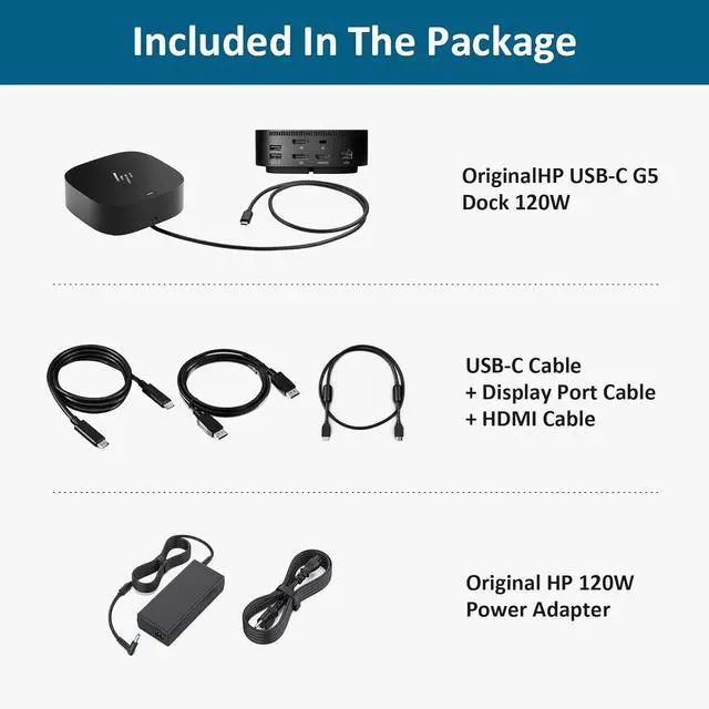 Alt view image 4 of 7 - HP Docking Station for Laptop Dual Monitor and Charging Bundle - HP USB-C G5 Dock with 120W AC Adapter, HDMI & DP Cable & USB-C Cable