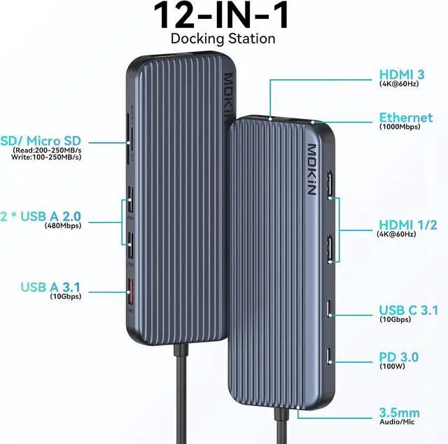 Alt view image 2 of 7 - USB C Docking Station 3 HDMI, 12 in 1 Docking Station Triple Display, Dual Monitor Dock, Laptop USB-C Hub 3 HDMI with 10 Gbps, Ethernet, USB A/C 3.1, USB 2.0, 100W PD, Audio & Mic, SD