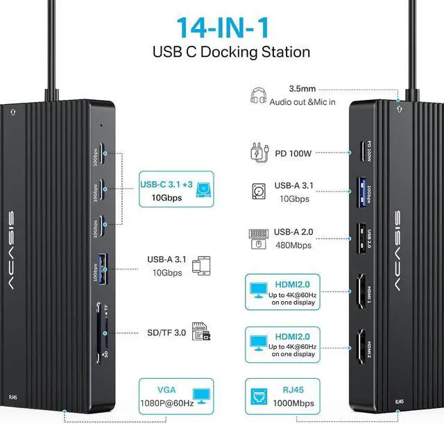 Alt view image 2 of 7 - USB C Docking Station Dual HDMI Monitor, Laptop Docking Station 3 Monitors, 2 * 4K HDMI+1080p VGA+100W PD+Ethernet+3 USBC 10Gbps+SD/TF+Audio Adapter, USB C Hub for Dell/Lenovo/HP/ThinkPad(Black)