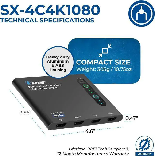 Alt view image 5 of 7 - SplitExtend HDMI Splitter Extended Display for Quad Monitor - Multi-Monitor Display 5 Separate Screens - USB-C Adapter to HDMI 2.0, 4K@30Hz Outputs - Windows and Mac Compatible