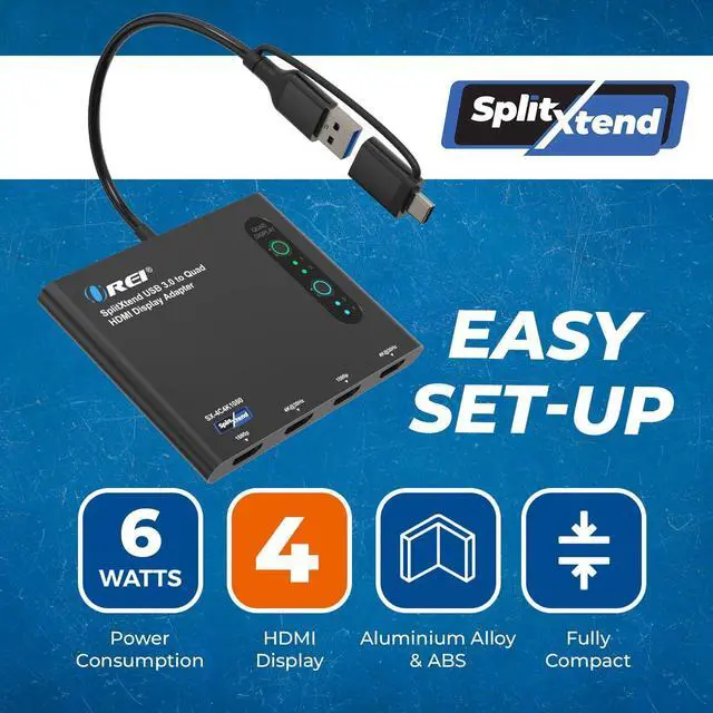 Alt view image 7 of 7 - SplitExtend HDMI Splitter Extended Display for Quad Monitor - Multi-Monitor Display 5 Separate Screens - USB-C Adapter to HDMI 2.0, 4K@30Hz Outputs - Windows and Mac Compatible
