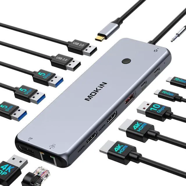 Main image of USB C Docking Station 3 Monitors USB C Hub Laptop Dual Monitor Multiport Adapter Dock Dongle,USB C to 2 HDMI,DisplayPort,PD Charging,Ethernet,7 USB C/A 3.1/3.0/2.0 Ports,Audio for Dell/HP/Lenovo