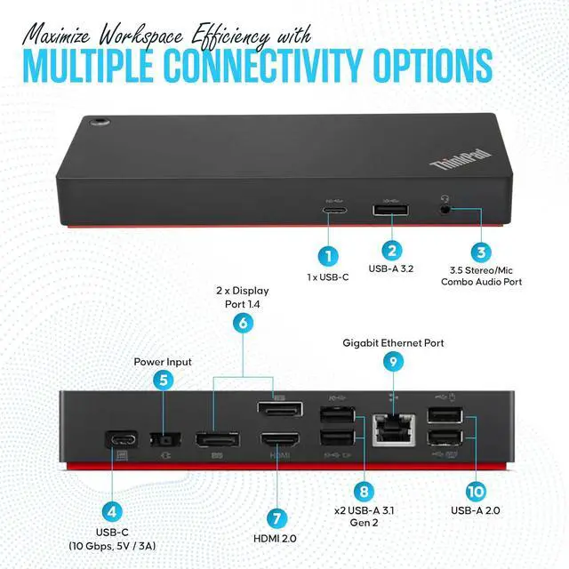 Alt view image 4 of 6 - 40AY0090US Docking Station Dual Monitor - 1 Year Warranty - Docking Station USB C with 90W, HDMI, DisplayPort, USB-C Cable & Microfiber Cleaning Cloth