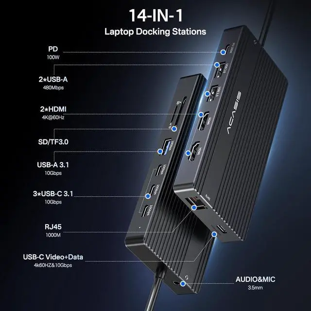 Alt view image 2 of 7 - USB C Docking Station Dual Monitor,14 in 1 USB C Hub,Laptop Dock Dual Monitor with 2 HDMI 4K@60HZ, 5 * 10Gbps USB,PD 100W,Ethernet, SD/TF Card Reader,3.5mm Audio for Dell/HP/Lenovo ThinkPad/Surface