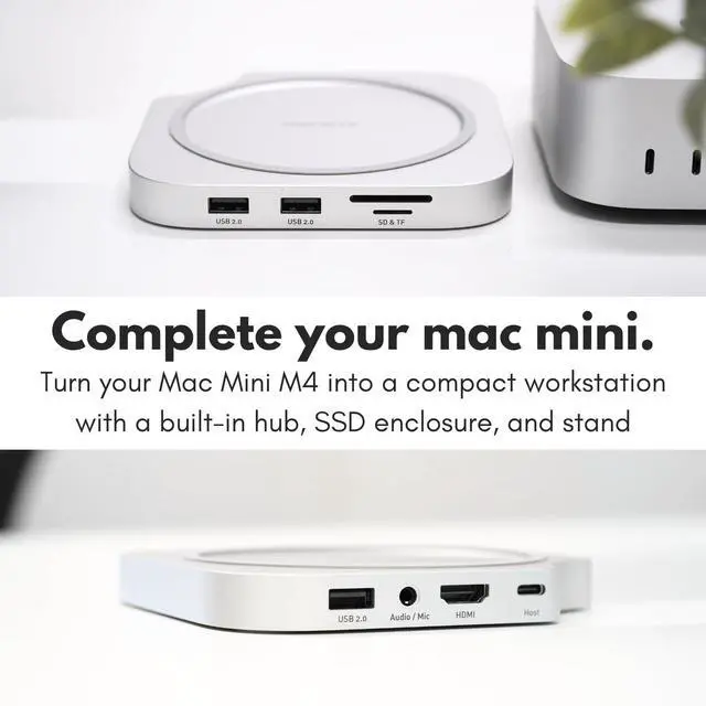 Alt view image 2 of 7 - Macally Mac mini M4 Dock and Stand Hub with (3) USB-A 2.0 Ports, NVMe/SATA SSD Enclosure, SD/MicroSD Card Readers, AUX, 4K HDMI 60hz for Mac mini M4/Pro 2024