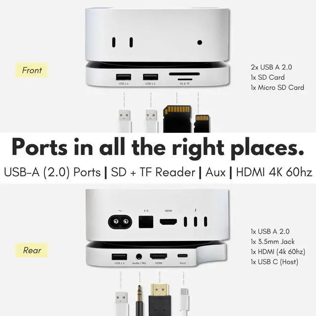 Alt view image 4 of 7 - Macally Mac mini M4 Dock and Stand Hub with (3) USB-A 2.0 Ports, NVMe/SATA SSD Enclosure, SD/MicroSD Card Readers, AUX, 4K HDMI 60hz for Mac mini M4/Pro 2024