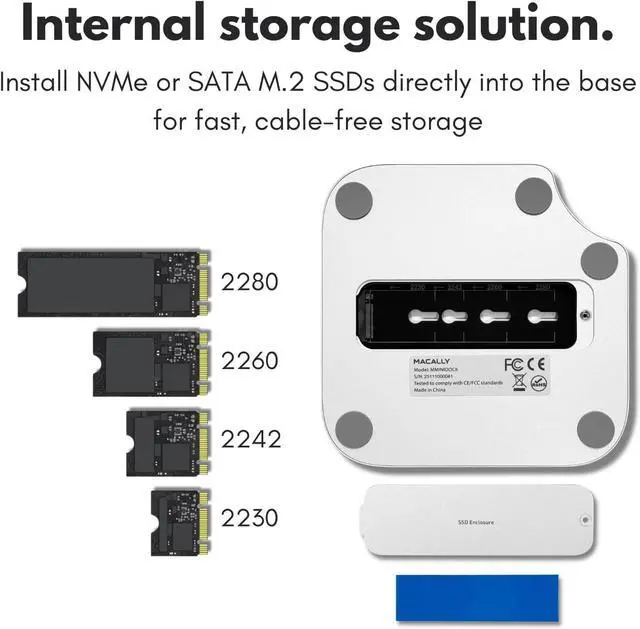 Alt view image 5 of 7 - Macally Mac mini M4 Dock and Stand Hub with (3) USB-A 2.0 Ports, NVMe/SATA SSD Enclosure, SD/MicroSD Card Readers, AUX, 4K HDMI 60hz for Mac mini M4/Pro 2024