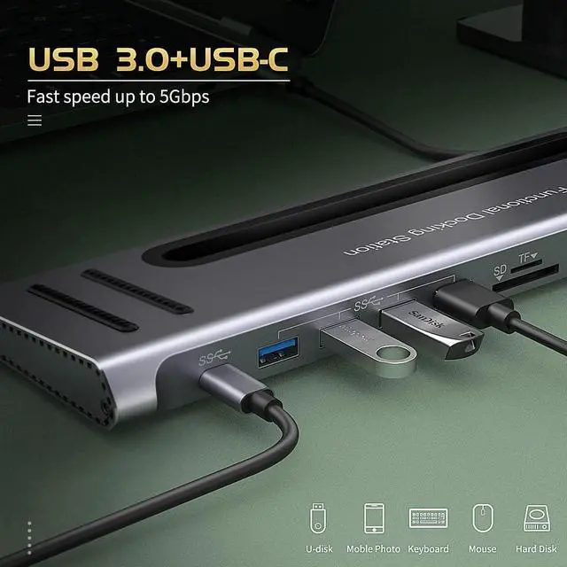 Alt view image 3 of 7 - USB C Docking Station,Onten USB-C to Dual HDMI Adapter HUB .12-in-1 USB-A 3.0, USB-C 3.0 Gigabit Ethernet Dual-solt sd/tf Card Reader,PD 100w Charger (DP Alternative Mode Required)