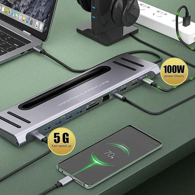 Alt view image 5 of 7 - USB C Docking Station,Onten USB-C to Dual HDMI Adapter HUB .12-in-1 USB-A 3.0, USB-C 3.0 Gigabit Ethernet Dual-solt sd/tf Card Reader,PD 100w Charger (DP Alternative Mode Required)