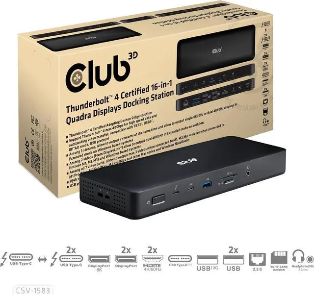 Alt view image 3 of 7 - Club 3D CSV-1583 Thunderbolt 4 Certified 16-in-1 Docking Station- with 40Gbps Data and Video, 4 Display Output, Ethernet RJ45 2.5Gbps