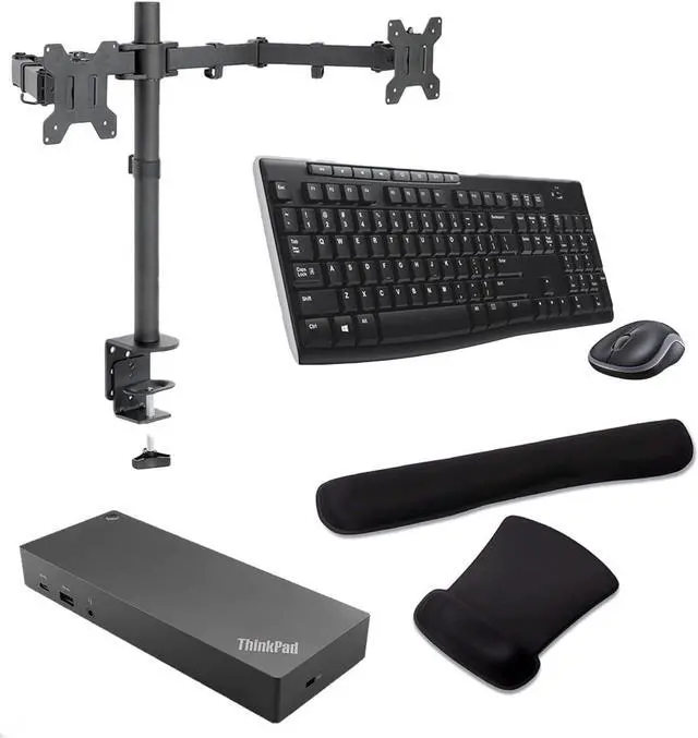 Main image of Lenovo ThinkPad Hybrid USB-C and USB-A Dock with 90W 4K, HDMI, DisplayPort Bundled with Desk Mount Dual Monitor Stand, MK270 Wireless Keyboard & Mouse, Gel Mouse & Wrist Pad