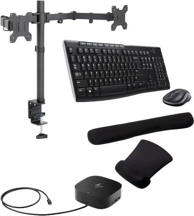 Main image of HP USB-C G5 Dock 100W, Three 4K Displays Supported for Business, HDMI, DisplayPort and USB Hub Bundled with Desk Mount Dual Monitor Stand, MK270 Wireless Keyboard/Mouse Set, Gel Mouse & Wrist Pad