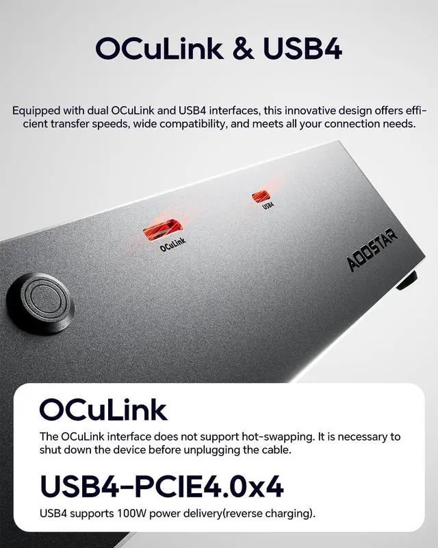 Alt view image 4 of 7 - AOOSTAR AG02 EGPU Dock with 800W PSU, OCuLink +USB4 Port & TGX Hot-Swap Support - Open Frame Design, Universal GPU Compatibility for Mini PC/Laptop Gaming & 3D Rendering