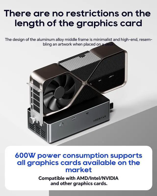 Alt view image 3 of 7 - AOOSTAR AG02 EGPU Dock with 800W PSU, OCuLink +USB4 Port & TGX Hot-Swap Support - Open Frame Design, Universal GPU Compatibility for Mini PC/Laptop Gaming & 3D Rendering