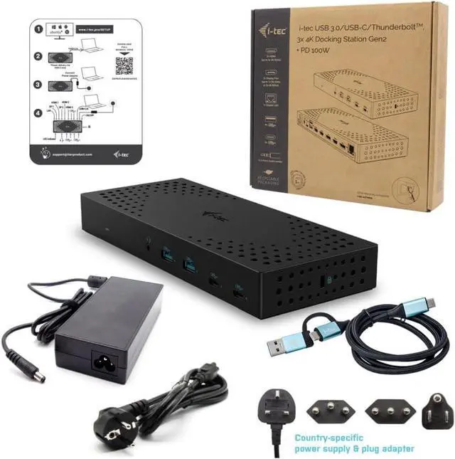 Alt view image 4 of 7 - i-tec USB 3.0 / USB-C/Thunderbolt, 3x 4K Docking Station Gen 2 + Power Delivery 100W