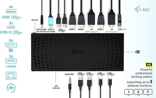 Alt view image 5 of 7 - i-tec USB 3.0 / USB-C/Thunderbolt, 3x 4K Docking Station Gen 2 + Power Delivery 100W
