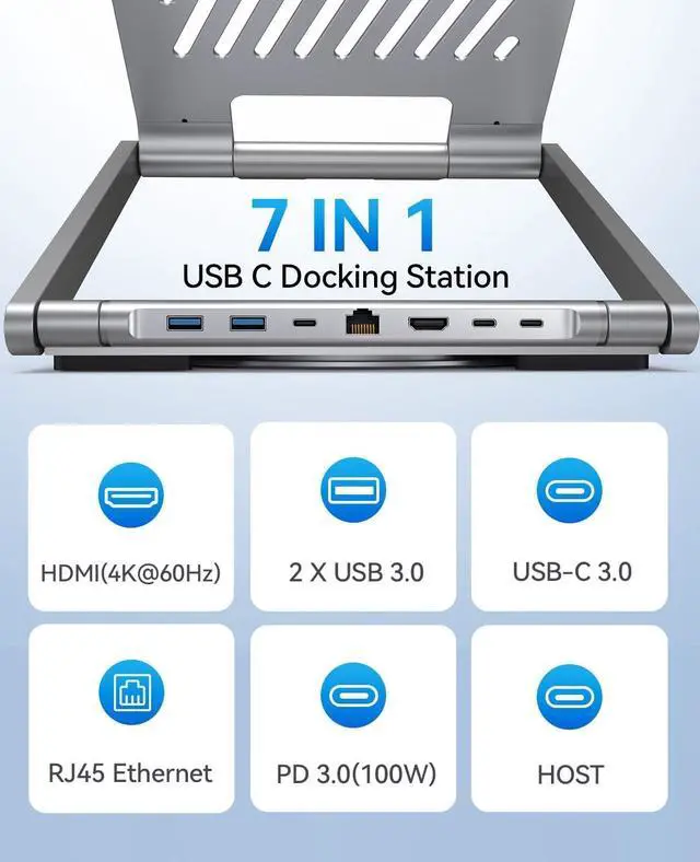 Alt view image 2 of 7 - Laptop Docking Station Stand 4K@60Hz for MacBook Pro/Air M3/M4, Dell/HP/Surface/Lenovo/Chromebook, Laptop USB Hub Stand with HDMI, 3 USB, Ethernet, PD 3.0, Adjustable Dock with 360° Rotate Base