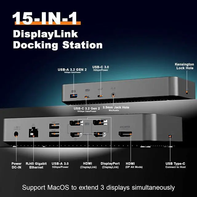 Alt view image 2 of 7 - DisplayLink Docking Station 3 Monitors with 130W Power Supply,15 in 1 USB C Triple 4K Display Dock for M1 M2 M3 M4 Thunderbolt MacBook Pro/Air and USB-C/A Port Windows Laptops (3 HDMI, 2 DP)