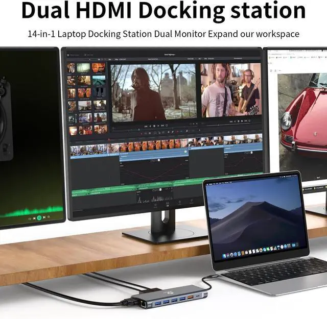 Alt view image 3 of 7 - Laptop Docking Station Triple Display  14-in-1 USB C Hub with Dual 4K HDMI, 1080p VGA, 100W Power Delivery, 10Gbps USB-C/USB-A, Gigabit Ethernet, SD/TF, Audio Mic  For MacBook/HP/Dell/Lenovo/Surface