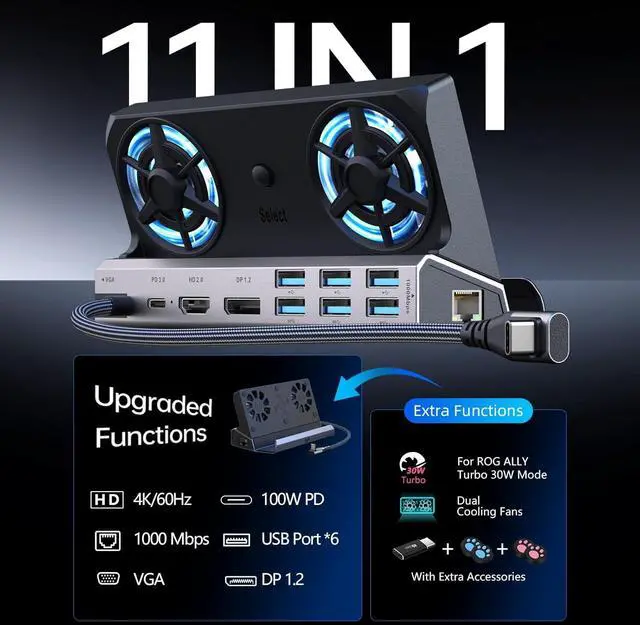 Alt view image 2 of 7 - Legion Go/ROG Ally/Steam Deck Dock - 11-in-1 Docking Station Dual Cool Fans Steam, 4K@60Hz, 6 USB Ports, VGA, DP, 100W PD Charging, Gigabit Ethernet Fit for Steam Deck