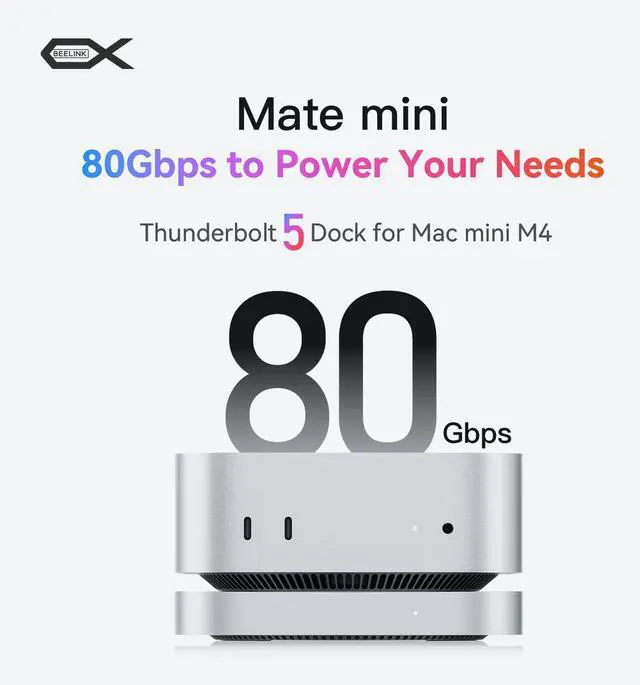 Alt view image 2 of 7 - Mate Mini-A for Mac mini M4 Dock, Aluminum Alloy Stand with Dual M.2 PCle SSD Solts (up to 8TB*2), Thunderbolt5*1USB-A 3.0 * 22.5G LAN*1SD4.0 * 1Type-C(PD3.0)*1, Audio Jack - Silver