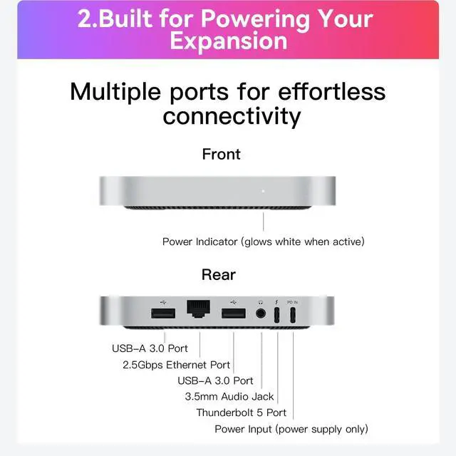 Alt view image 5 of 7 - Mate Mini-A for Mac mini M4 Dock, Aluminum Alloy Stand with Dual M.2 PCle SSD Solts (up to 8TB*2), Thunderbolt5*1USB-A 3.0 * 22.5G LAN*1SD4.0 * 1Type-C(PD3.0)*1, Audio Jack - Silver