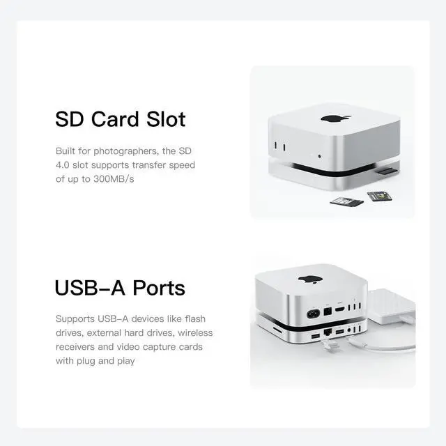 Alt view image 6 of 7 - Mate Mini-A for Mac mini M4 Dock, Aluminum Alloy Stand with Dual M.2 PCle SSD Solts (up to 8TB*2), Thunderbolt5*1USB-A 3.0 * 22.5G LAN*1SD4.0 * 1Type-C(PD3.0)*1, Audio Jack - Silver