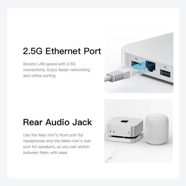 Alt view image 7 of 7 - Mate Mini-A for Mac mini M4 Dock, Aluminum Alloy Stand with Dual M.2 PCle SSD Solts (up to 8TB*2), Thunderbolt5*1USB-A 3.0 * 22.5G LAN*1SD4.0 * 1Type-C(PD3.0)*1, Audio Jack - Silver