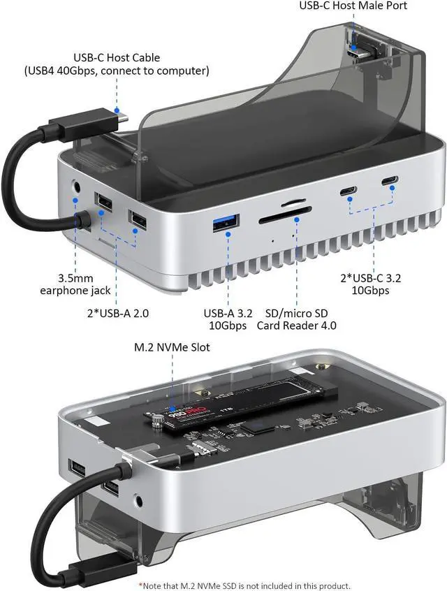 Alt view image 2 of 7 - Mac mini M4 2024 Dock Stand, 40Gbps USB4 M.2 NVMe SSD Enclosure, Compatible withThunderbolt 4/5, 10Gbps USB Docking Station with SD4.0 Card Reader