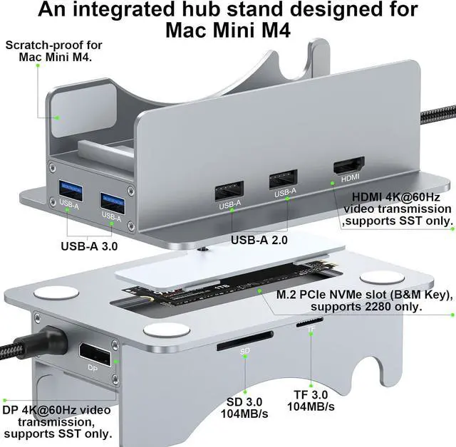 Alt view image 2 of 7 - Reborn Mac mini M4 Dock & Stand with NVMe SSD Enclosure, Mac Mini M4 Hub with 4K60Hz HDMI, 4K60Hz DP, 5G USB A*2, USB A 2.0*2, TF/SD Card Reader 9-in-1 USB Hub for Mac mini M4,Mac mini M4 Pro - Silver
