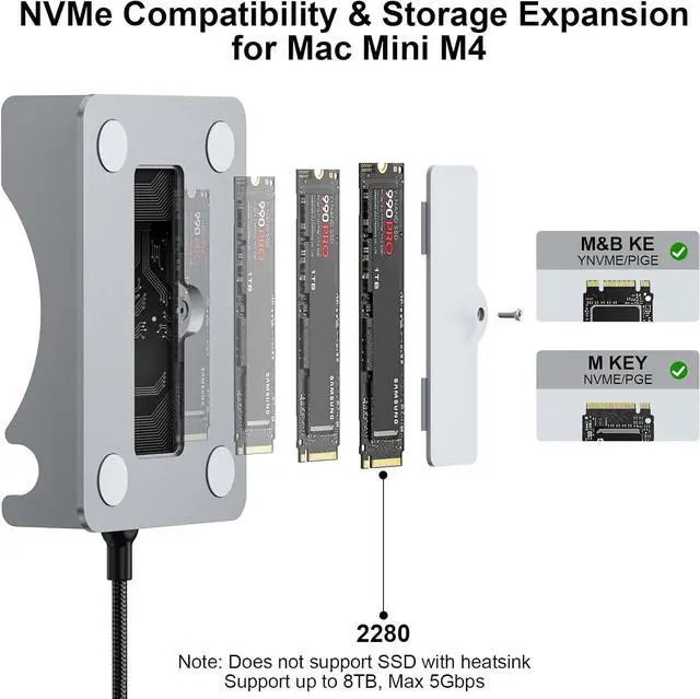 Alt view image 3 of 7 - Reborn Mac mini M4 Dock & Stand with NVMe SSD Enclosure, Mac Mini M4 Hub with 4K60Hz HDMI, 4K60Hz DP, 5G USB A*2, USB A 2.0*2, TF/SD Card Reader 9-in-1 USB Hub for Mac mini M4,Mac mini M4 Pro - Silver