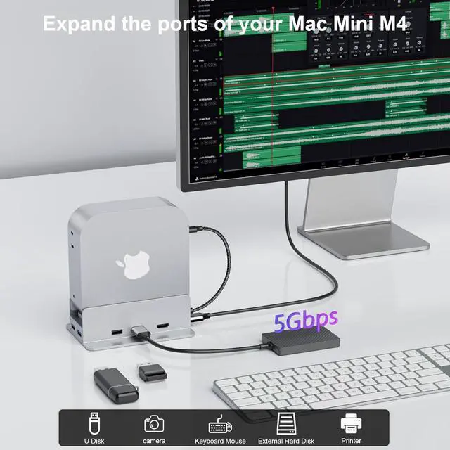 Alt view image 5 of 7 - Reborn Mac mini M4 Dock & Stand with NVMe SSD Enclosure, Mac Mini M4 Hub with 4K60Hz HDMI, 4K60Hz DP, 5G USB A*2, USB A 2.0*2, TF/SD Card Reader 9-in-1 USB Hub for Mac mini M4,Mac mini M4 Pro - Silver