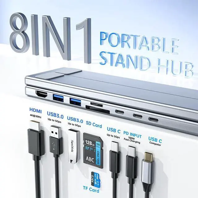 Alt view image 2 of 7 - 8-in-1 USB-C Laptop Stand, 8 in 1 USB C Laptop Docking Station Stand, Universal Laptop Desk Dock with USB c Hub Multiport Adapter, Include 4k Hdmi, 4 USB, PD 100w, SD/TF Card Slots (5-in1)