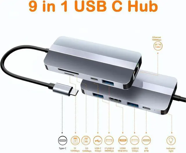 Alt view image 2 of 6 - USB C Docking Station, 9 in 1 Type C Hub with 4K Display HDMI, 87W PD Charging, USB 3.0/2.0, Ethernet, Multiple Adapter Dongle Dock for HP/Dell/Lenovo/Surface Laptop
