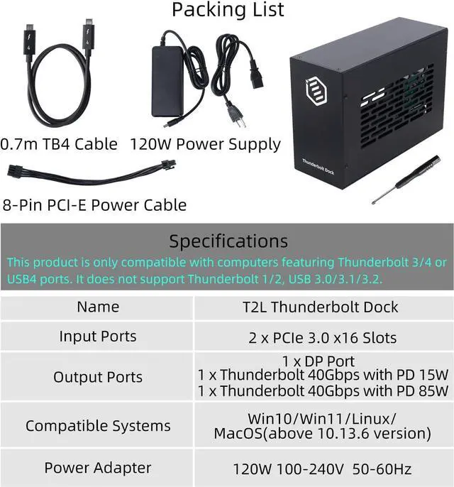 Alt view image 6 of 6 - Thunderbolt 3/4 USB4 PCIe Expansion Chassis, External Enclosure with Two PCI Express Slot for Laptops/NUC PD 85W Recharging (MK-T2L)