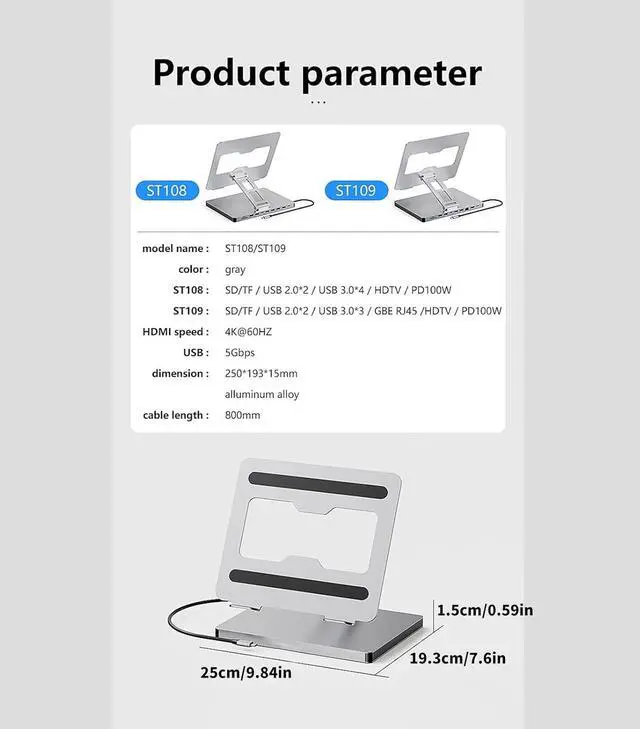 Alt view image 7 of 7 - 10 Port Laptop Docking Station and Folding Rising Base Holder and Comprehensive Device Protections Aluminum Stand