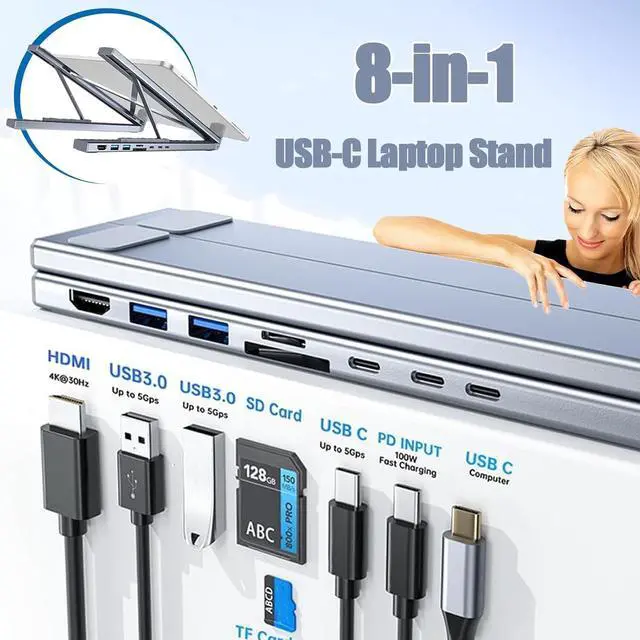 Alt view image 2 of 7 - Civilizek 8-in-1 USB-C Laptop Stand, Miraclew Laptop Stand, 2025 New Upgraded Laptops Stands Docking Station, with 4k HDMI, 2 USB 3.0, Pd 100w, Universal for Home, Corporate Desks, and Cafés (8 in 1)