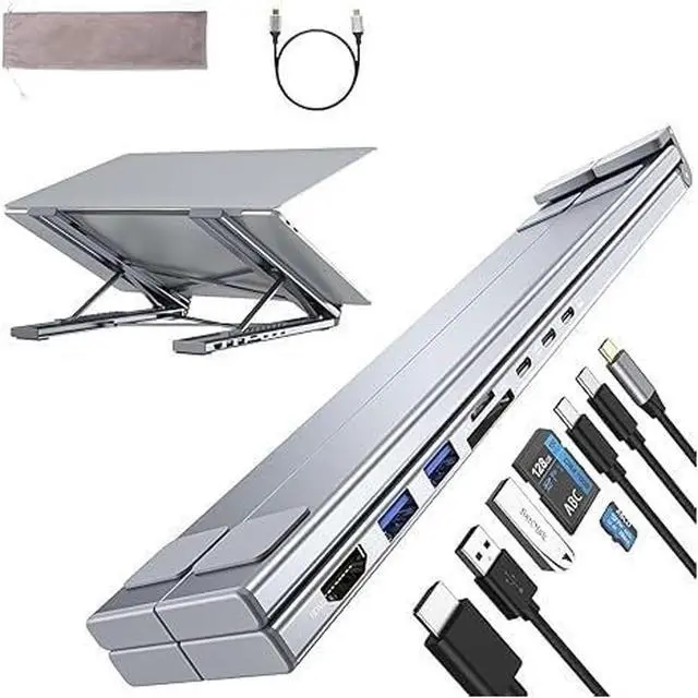 Main image of 8-in-1 USB-C Laptop Stand with Docking Station  Ergonomic Adjustable Laptop Riser with 2 USB 3.1, 4K HDMI, 100W PD Charging, Portable Aluminum Laptop Holder for Desk & Travel(8 in1)