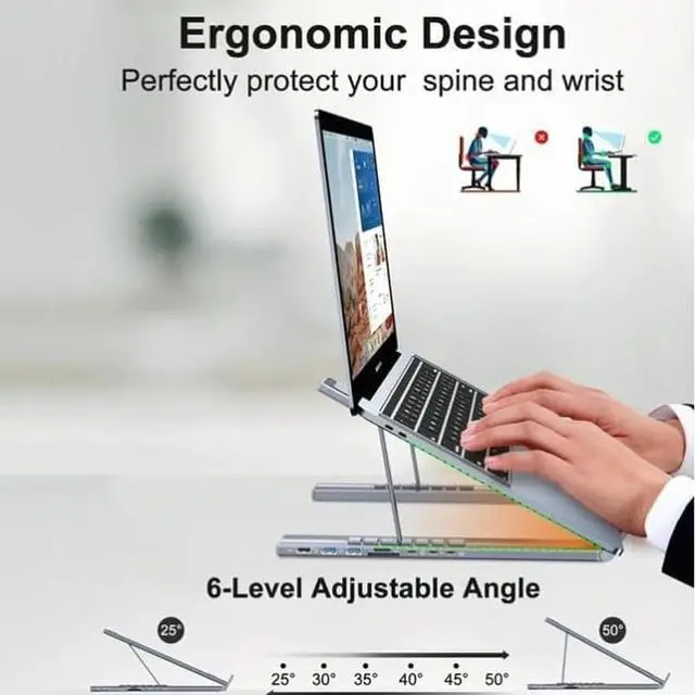 Alt view image 3 of 6 - 8-in-1 USB-C Laptop Stand with Docking Station  Ergonomic Adjustable Laptop Riser with 2 USB 3.1, 4K HDMI, 100W PD Charging, Portable Aluminum Laptop Holder for Desk & Travel(8 in1)