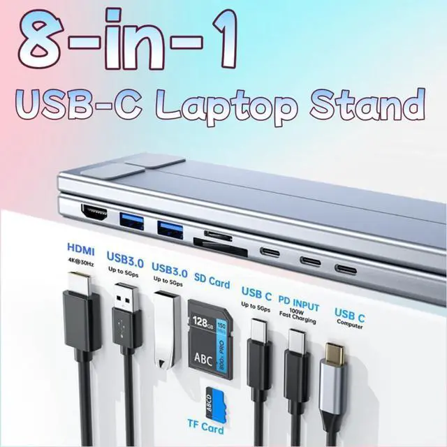 Alt view image 7 of 7 - 8-in-1 USB-C Laptop Stand, 2025 New Upgraded Laptop Stand Docking Station,Portable All-in-One 8-Port,Type C Hubs Adapter with 4K HDMI, 2 USB 3.0,Pd 100w, Plug and Play for Office,School,Home (8-in-1)