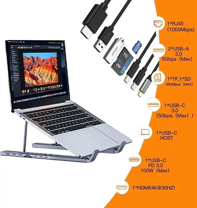 Alt view image 2 of 7 - Civilizek Civilized 8-in-1 USB-C Laptop Stand with 4k HDMI, Upliftjoys Portable Adjustable Flat Laptop Docking Station Stand, 2 USB 3.0, Pd 100w, Universal for Offices, Corporate Desks, Cafe (2pcs)