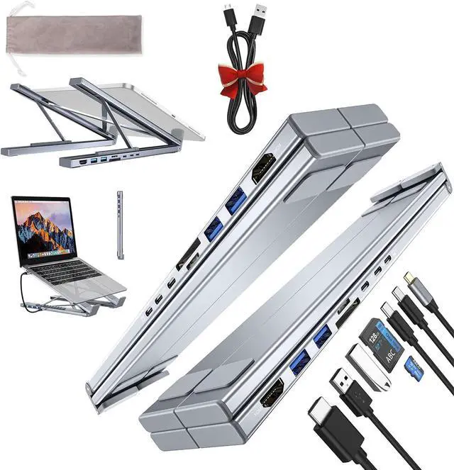 Main image of 8-in-1 USB-C Laptop Stand, Adjustable Aluminum Laptop Stand Docking Station with 4K HDMI, 2 USB 3.0, 2 USB PD 100W, SD/TF Card Slots, Foldable & Portable for USB-C Laptops (2PC)