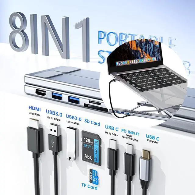 Alt view image 2 of 7 - 8-in-1 USB-C Laptop Stand, Adjustable Aluminum Laptop Stand Docking Station with 4K HDMI, 2 USB 3.0, 2 USB PD 100W, SD/TF Card Slots, Foldable & Portable for USB-C Laptops (2PC)