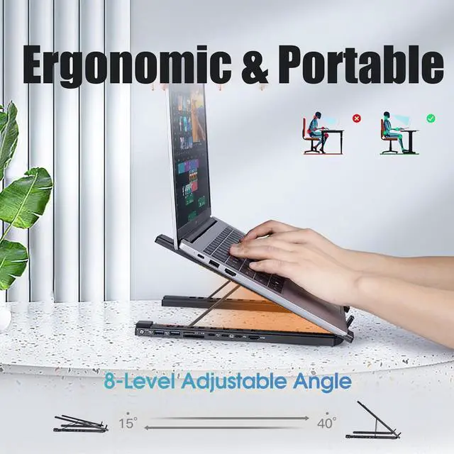 Alt view image 6 of 7 - 8-in-1 USB-C Laptop Stand, Adjustable Aluminum Laptop Stand Docking Station with 4K HDMI, 2 USB 3.0, 2 USB PD 100W, SD/TF Card Slots, Foldable & Portable for USB-C Laptops (2PC)