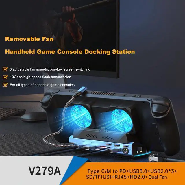 Alt view image 2 of 7 - 9 in 1 Portable Game Console Dock, 4K/60Hz, 100W PD, Dual Fans, Aluminum Alloy Stand Base, Multiple Gaming Consoles, TypeC Hub Docking Station